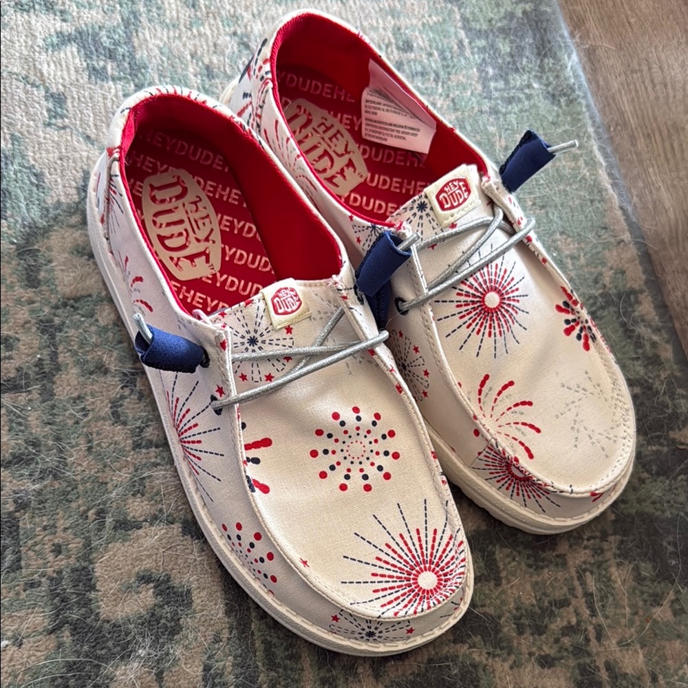 Hey Dude Red and White Sneakers with Festive Design